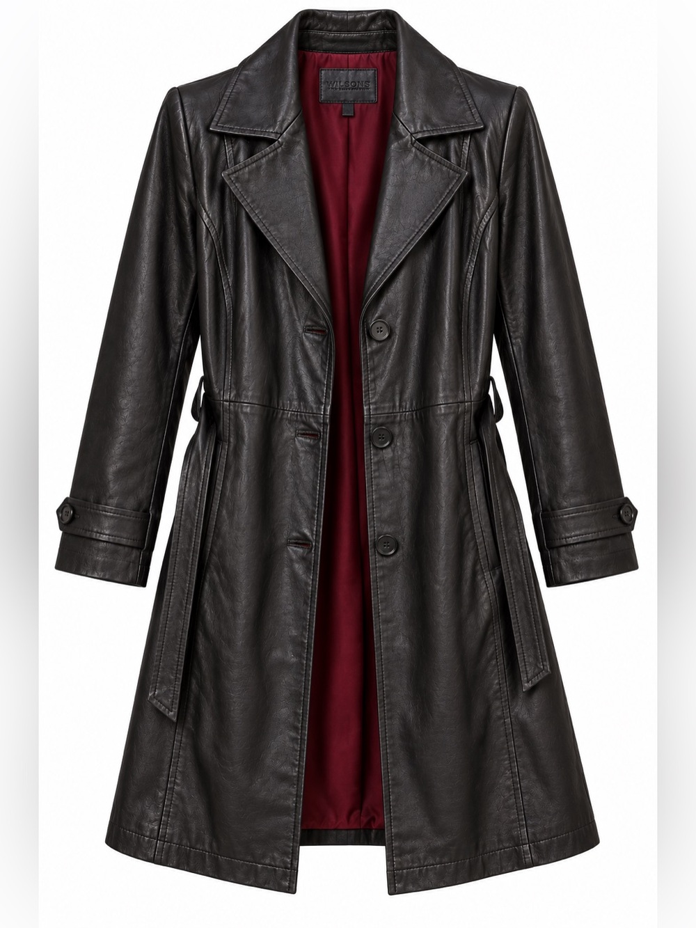 Wilsons Leather Black Leather Trench Coat with Burgundy Lining